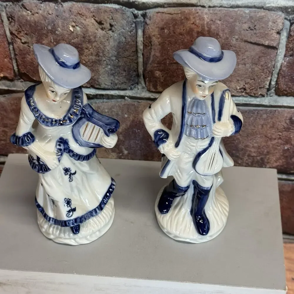 Vtg Pair Europa Bomboniere Blue White‎ Lady w Harp / Man w Mandolin Figurines